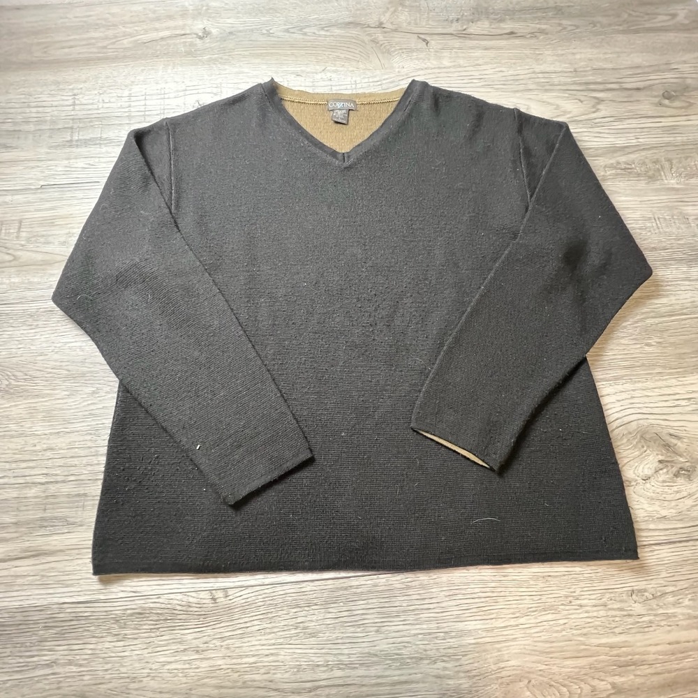 Cortina V-Neck Sweater Mens Large Black Merino Wool‎ Blend Made in Italy AD2